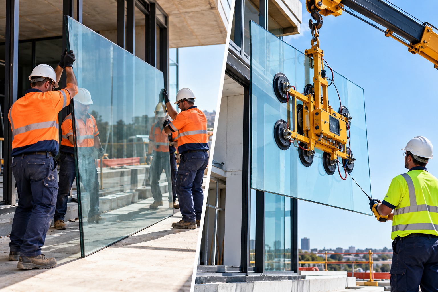 Glaziers handling large architectural glass panel manually compared with crane-mounted vacuum lifter